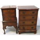 A bow front four drawer walnut chest of drawers of small proportions on bracket feet, width 50cm and