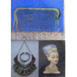 A framed Middle Eastern bridal necklace and white metal bracelet and two silk Egyptian pictures (3).