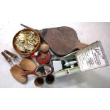 A box of collectibles to include horse brasses, bellows, wooden shoe trees etc.