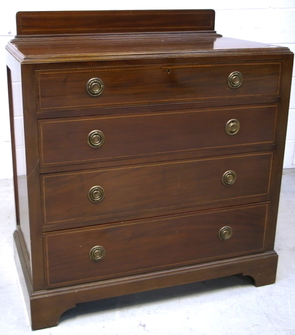 A 19th century mahogany and inlaid four drawer chest of drawers on bracket feet, width 90cm.