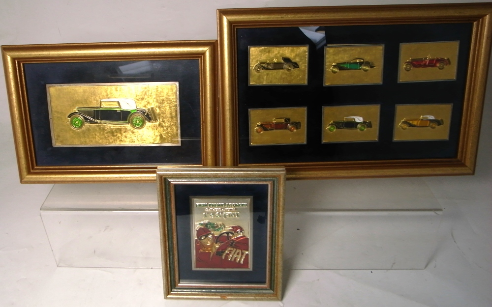Two framed and glazed Paoletti fine silver gilt and enamel plaques, both relating to cars,