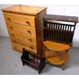 A modern pine five drawer chest of drawers and a small pine side cabinet,