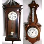 An oak wall hanging barometer, length 80cm and a modern Metamec Vienna style wall clock,