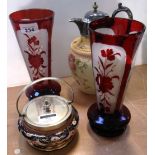 A pair of 19th century Bohemian cranberry glass vases, height of both 24cm,