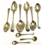 Six hallmarked silver teaspoons, various sizes and three hallmarked silver mustard spoons,
