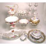 A small quantity of Continental porcelain comprising bowls, baskets, jugs, a pot and cover, a pair
