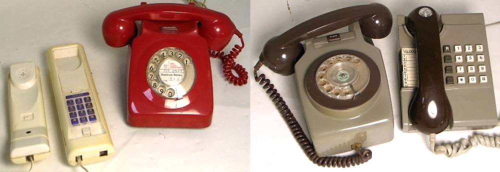 Four 1970s vintage telephones to include a red model 8746, a wall mounted 741,