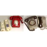 Four 1970s vintage telephones to include a red model 8746, a wall mounted 741,