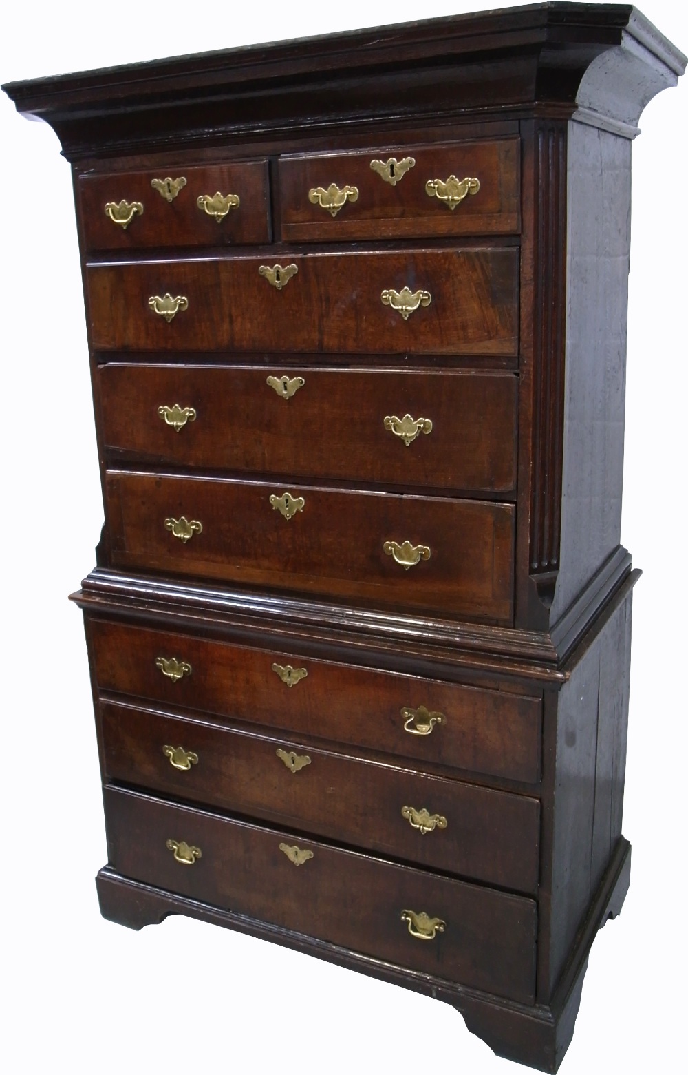 A George III oak chest on chest two over three drawers over three long drawers to the base,