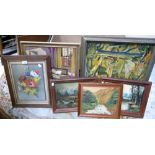 A quantity of prints and original paintings to include an oil on board of a woodland scene.