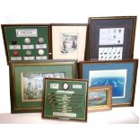 Fourteen various prints, golfing pictures and framed golf ball, and an oil on canvas,