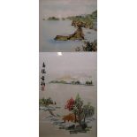 Four 20th century Oriental silk panels depicting figures in a landscape,