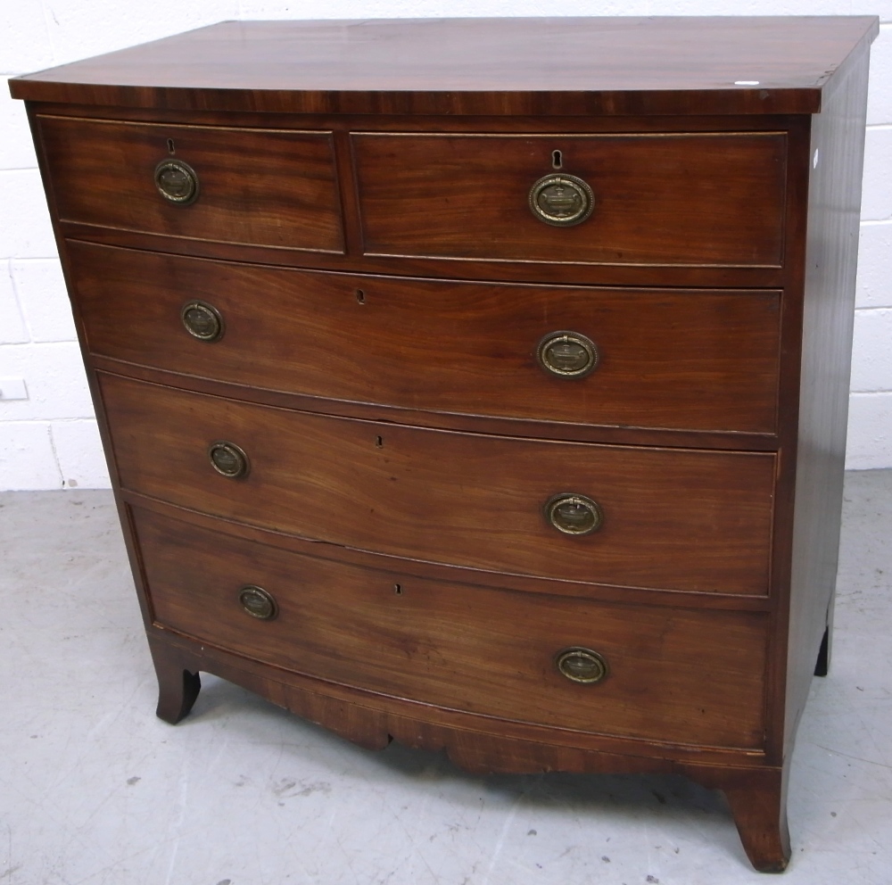 A Victorian mahogany bow front two over three chest of drawers, raised on bracket feet, 110 x 100cm.