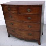 A Victorian mahogany bow front two over three chest of drawers, raised on bracket feet, 110 x 100cm.