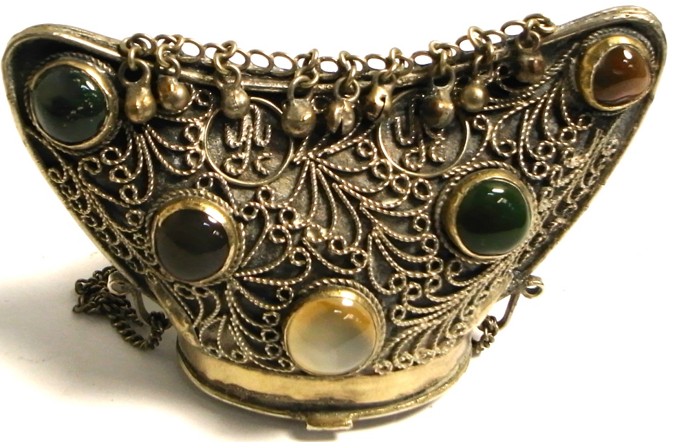 A white metal filigree purse with chain handle set with semi-precious stones, approx weight 3.4ozt.