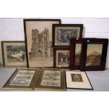 Eight prints and painting to include two oils of country scenes and a print of Cathedrale D'Amiens