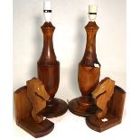 Two Bermuda wood turned turned table lamps and two wooden bookends in the form of seahorses (3).