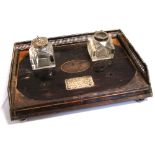 A Victorian coromandel and silver framed desk ink stand, London 1886,