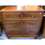 A Victorian mahogany three drawer chest of drawers on bun feet, width 112cm.