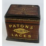 An unusual early 20th century wooden lace box inscribed "Paton's Laces",