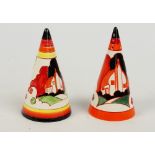 A conical sugar sifter decorated by Rene Dale who was a "Clarice Cliff" girl from 1931,