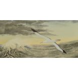 TERRY RILEY; watercolour "Rough Seas", flight of an albatross across a stormy sea, signed,