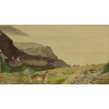 TERRY RILEY; watercolour "The Chase", golden eagle chasing a rabbit in a mountainous landscape,