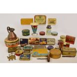 A collection of various vintage tins, also a tin "Tala" cook's measure and a copper jug.