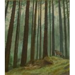 TERRY RILEY; watercolour "Wolf Den", study of a family of wolves in a woodland landscape,