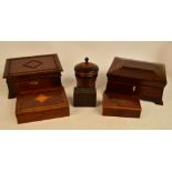 A group of six treen boxes including an early Victorian rosewood sarcophagus box with ivory