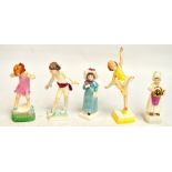 Four Royal Worcester figures; "Masquerade", "Polly Put The Kettle On", "Tuesday's Child is Full of