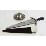 A reproduction Cinquedea with broad tapering blade and leather scabbard,