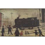 After LAURENCE STEPHEN LOWRY (1887-1976); a signed coloured print "The Level Crossing", 46 x 56cm,