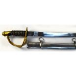 A reproduction American cavalry sword, with wirework grip, pierced knuckle guard and metal scabbard,