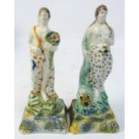 Two late 18th century Prattware figures; "Summer" and "Autumn", with sponged underglaze decoration