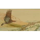 TERRY RILEY; watercolour "The Return", golden eagle searching for food in mountainous landscape,