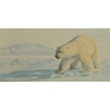 TERRY RILEY; watercolour "Winter's Walk", polar bear walking across the Arctic landscape,