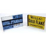 Two vintage enamel double sided signs with flange;