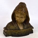 A Goldscheider bust of a young Dutch girl wearing bonnet raised on a rectangular incised plinth,