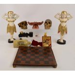 A quantity of collectors' items comprising a wooden chess board inset with leather,