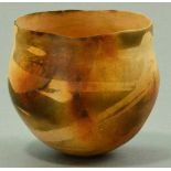 ELSPETH OWEN (born 1938); small hand built unglazed earthenware pot, resist decoration, smoke fired,