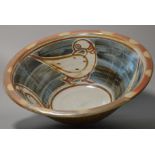 SVEND BAYER (born 1946); a large deep stoneware pancheon bowl, painted bird decoration to