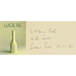 A Lucie Rie reference book, dedicated to the Firths and signed by Lucie Rie.