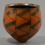 DUNCAN ROSS (born 1943); a bulbous bowl form, burnished terra sigillata slip with inlaid geometric