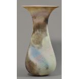 JUDY TRIM (1943-2001); a tall hand built white earthenware flared vase, striped decoration, saggar