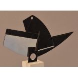 CATHY HARRIS; ring on a stand, perspex with incised decoration, length 23cm, ring size Q.