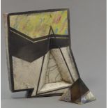 THERESA MILLARD; a raku geometric dish, white glaze with green blue and pink overpainting, 32 x