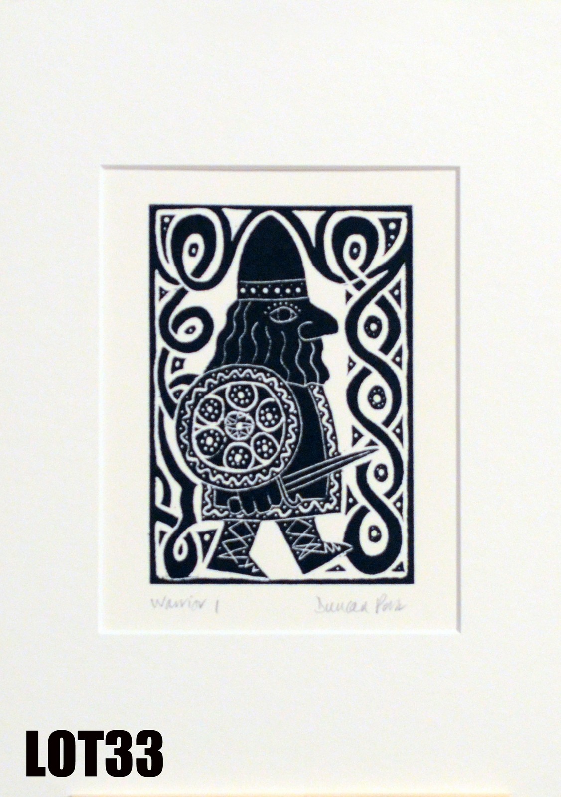 "Warrior 1" (13X17cms) by Duncan Pass – mounted Woodcut print Duncan is a painter, pencil artist and