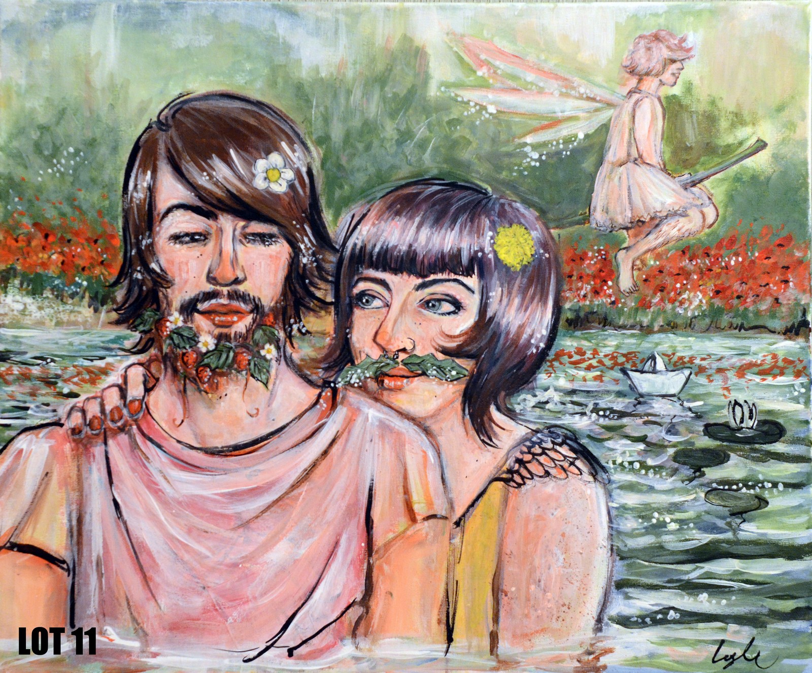 Fairy like creatures bathing in a pond (60x50cm) by Lyle River O’Mara – 2 of 2 lots Acrylic on