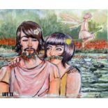 Fairy like creatures bathing in a pond (60x50cm) by Lyle River O’Mara – 2 of 2 lots Acrylic on